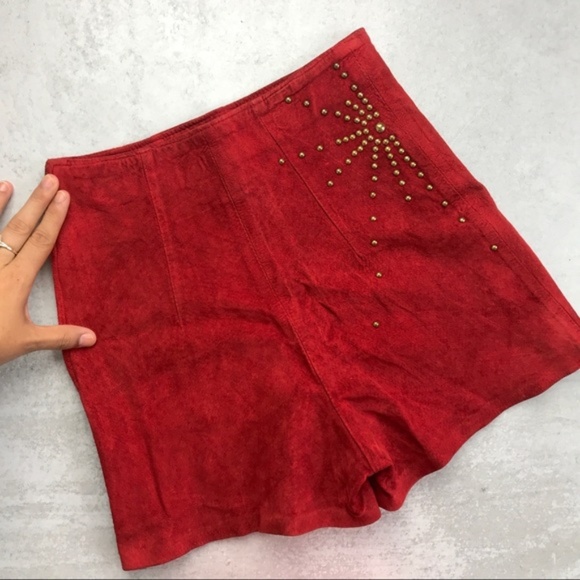 Vtg 80s Firenze Red Suede Leather High Rise Shorts - Picture 8 of 8